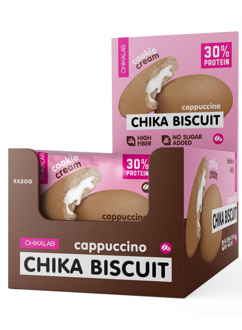 Chika Biscuit Protein Cookie Cream Filling Cappuccino Flavor High Fiber and No Sugar Added 9x50g