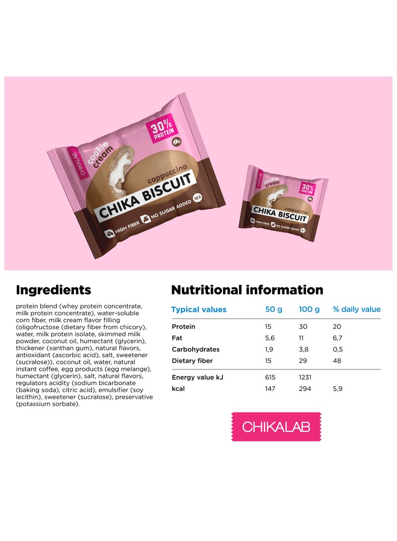 Chika Biscuit Protein Cookie Cream Filling Cappuccino Flavor High Fiber and No Sugar Added 9x50g