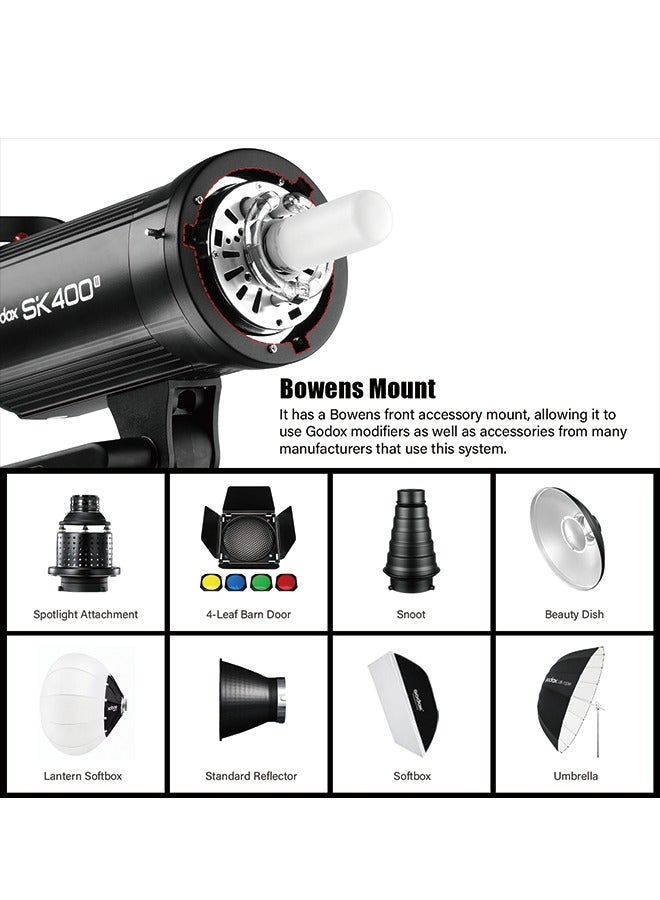 Godox SK400II Studio Strobe 400W, 2.4G Wireless X System GN65 5600K Monolight with Bowens Mount 150W Modeling Lamp, Outstanding Output Stability, Anti-Preflash