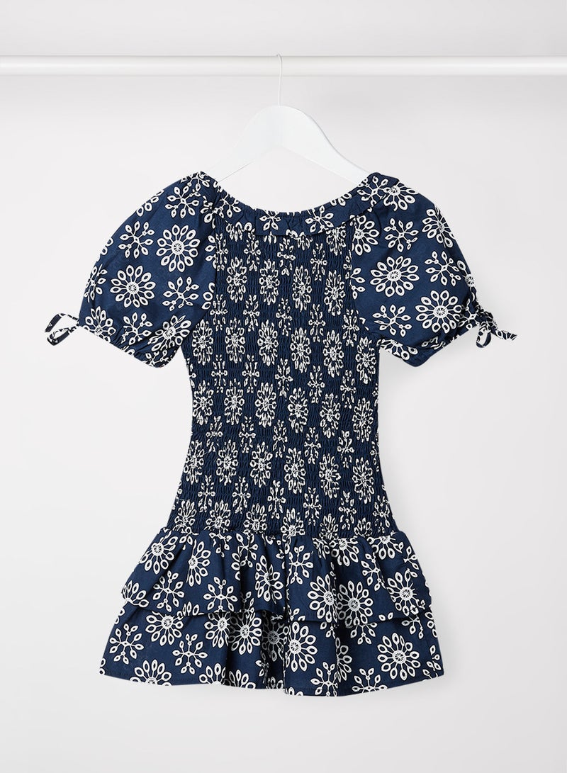 Kids/Teen Floral Print Shirred Dress Navy