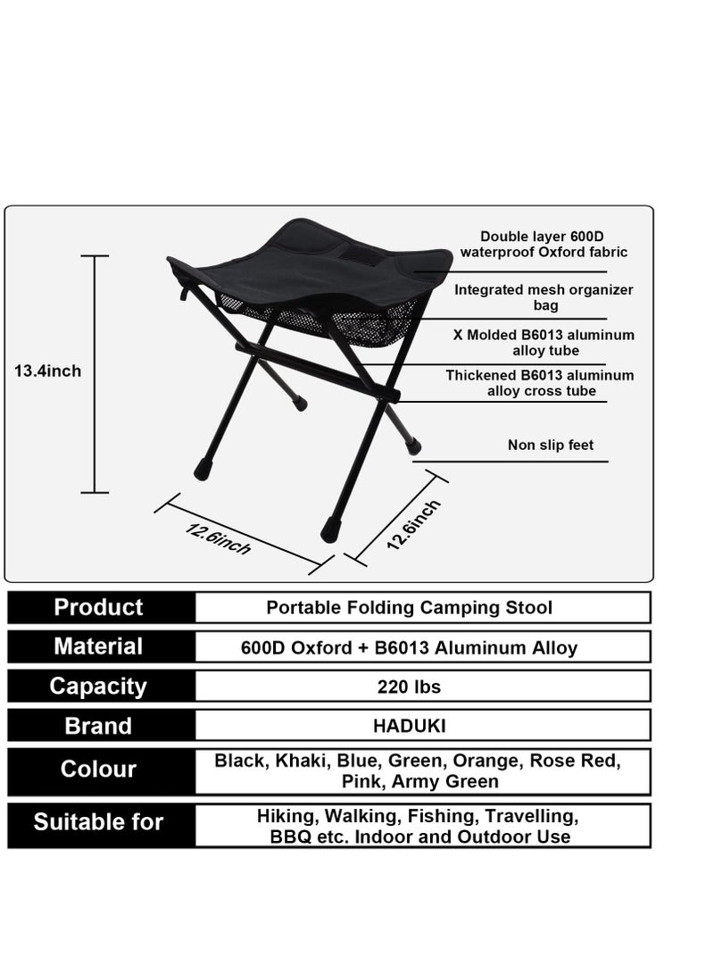 Portable Folding Stool, Lightweight Retractable Chairswith Carry Bag, Suitable for Backpacking Hiking Hunting Fishing (Black, 220LBS）