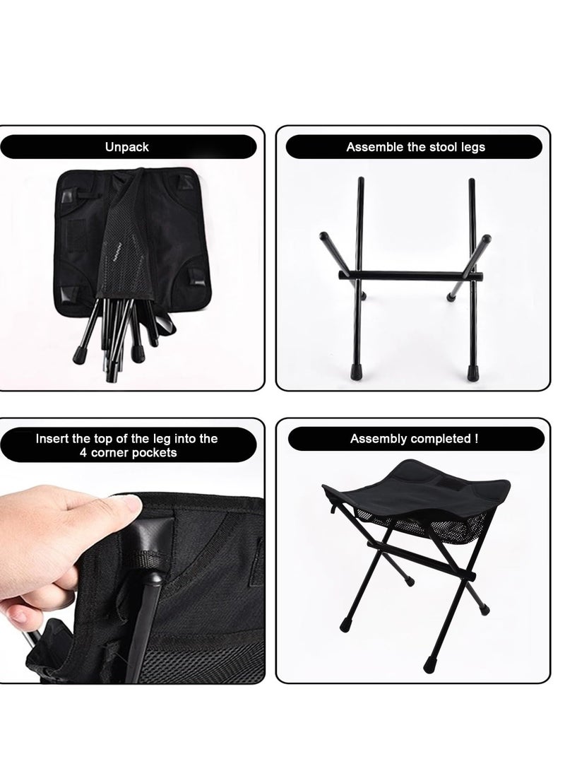 Portable Folding Stool, Lightweight Retractable Chairswith Carry Bag, Suitable for Backpacking Hiking Hunting Fishing (Black, 220LBS）