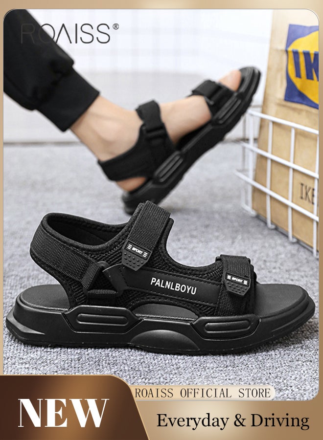 Velcro Open Toe Beach Sandals for Men Letter Pattern Cool Breathable Non-slip Outdoor Slippers Comfortable Wear-Resistant Shockproof Driving Flat Shoes with Elastic Soft Sole