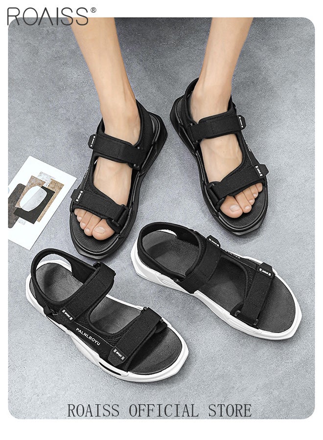 Velcro Open Toe Beach Sandals for Men Letter Pattern Cool Breathable Non-slip Outdoor Slippers Comfortable Wear-Resistant Shockproof Driving Flat Shoes with Elastic Soft Sole
