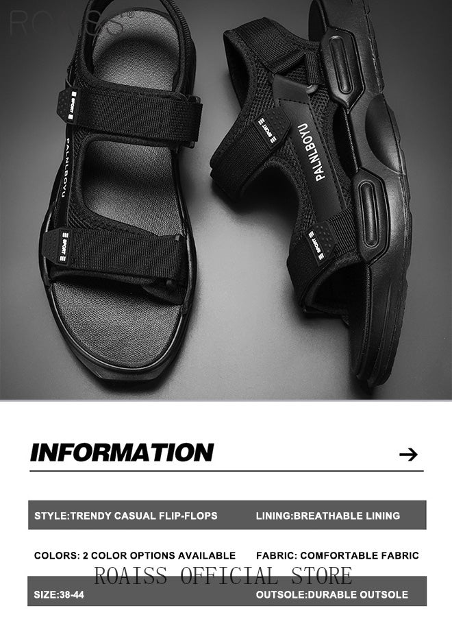 Velcro Open Toe Beach Sandals for Men Letter Pattern Cool Breathable Non-slip Outdoor Slippers Comfortable Wear-Resistant Shockproof Driving Flat Shoes with Elastic Soft Sole