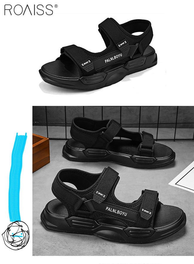 Velcro Open Toe Beach Sandals for Men Letter Pattern Cool Breathable Non-slip Outdoor Slippers Comfortable Wear-Resistant Shockproof Driving Flat Shoes with Elastic Soft Sole