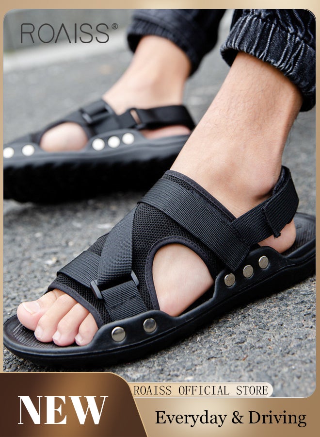 Trendy Open Toe Outdoor Sandals for Men with Velcro Heel Lightweight Breathable Cool Non-slip Beach Slippers Comfortable Wear-Resistant Shockproof Driving Flat Shoes with Elastic Soft Sole