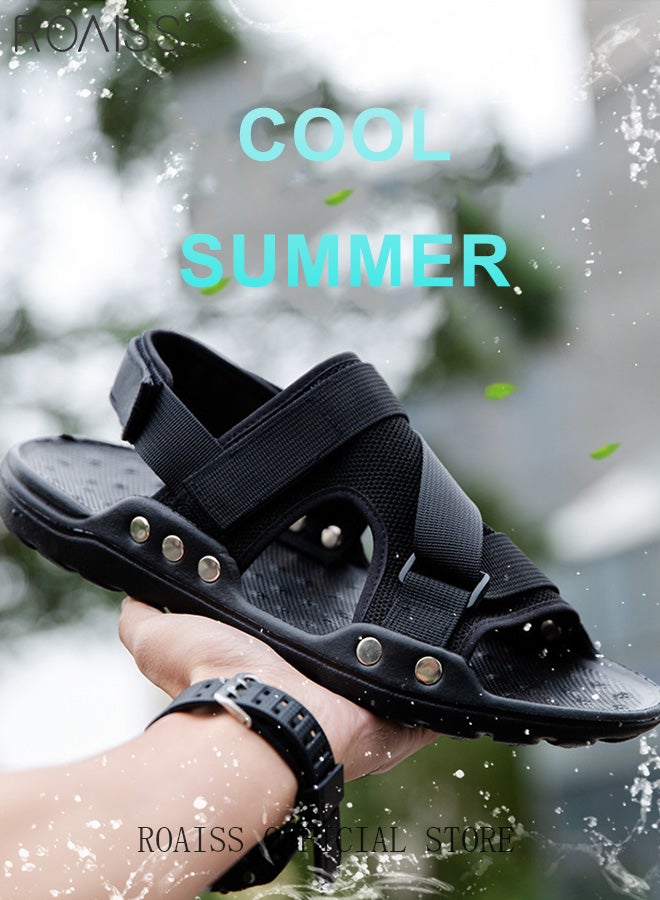 Trendy Open Toe Outdoor Sandals for Men with Velcro Heel Lightweight Breathable Cool Non-slip Beach Slippers Comfortable Wear-Resistant Shockproof Driving Flat Shoes with Elastic Soft Sole