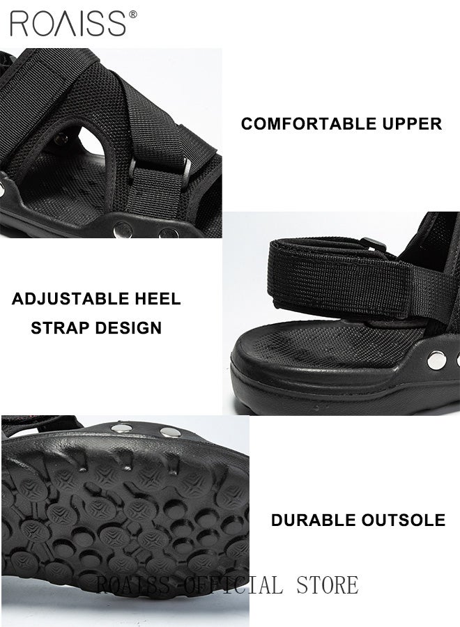 Trendy Open Toe Outdoor Sandals for Men with Velcro Heel Lightweight Breathable Cool Non-slip Beach Slippers Comfortable Wear-Resistant Shockproof Driving Flat Shoes with Elastic Soft Sole