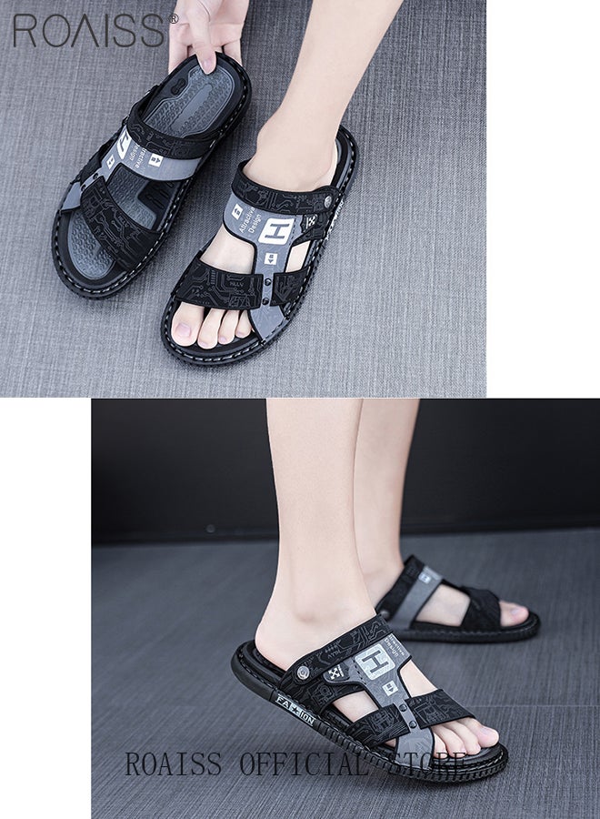 Fashion Open Toe Beach Sandals for Men Letter Pattern Cool Breathable Non-slip Outdoor Slippers Comfortable Wear-Resistant Shockproof Driving Flat Shoes with Elastic Sole