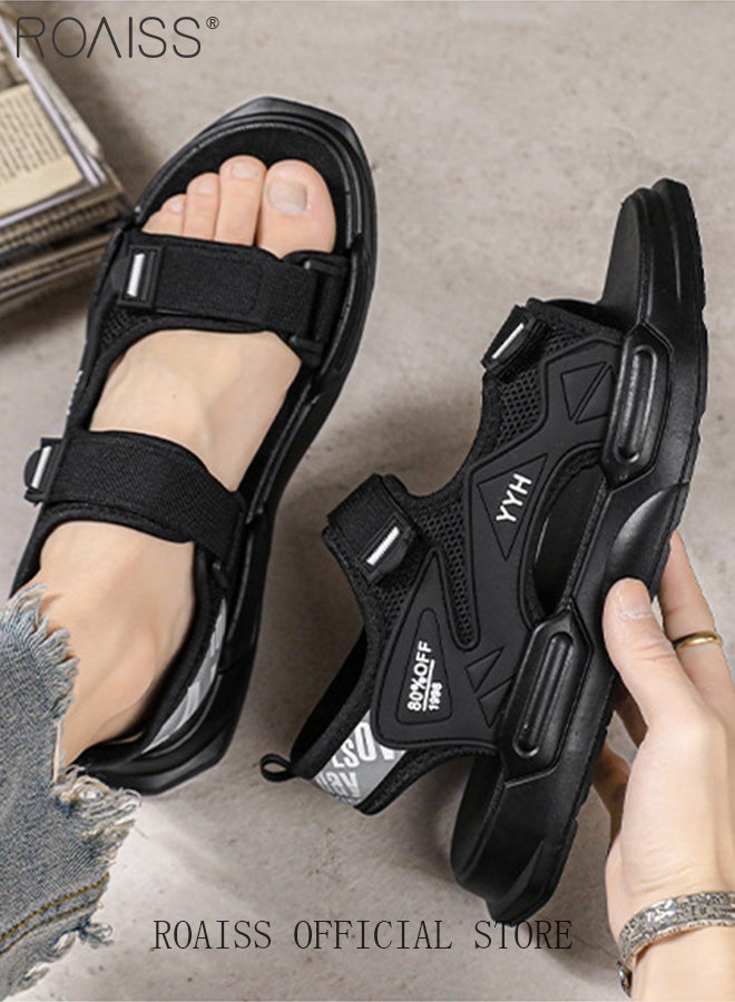 Casual Open Toe Beach Sandals for Men Letter Pattern Cool Breathable Non-slip Velcro Outdoor Slippers Comfortable Wear-Resistant Shockproof Driving Flat Shoes with Elastic Soft Sole