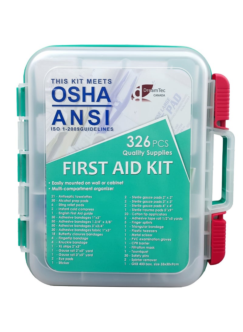 326 Pcs First Aid Kit | Size 33x30x9cm | Quality Medical Supplies | Wall or Cabinet Mountable | Multi-Compartment Organizer | Meets OSHA ANSI ISO 1-2009 Guidelines