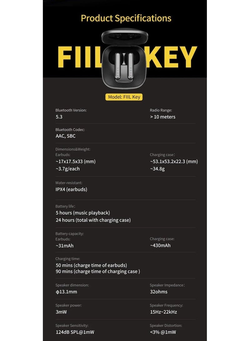 FIIL Key TWS Wireless Bluetooth 5.3 Earphone purre cloction earbuds White GLOBAL version 2024