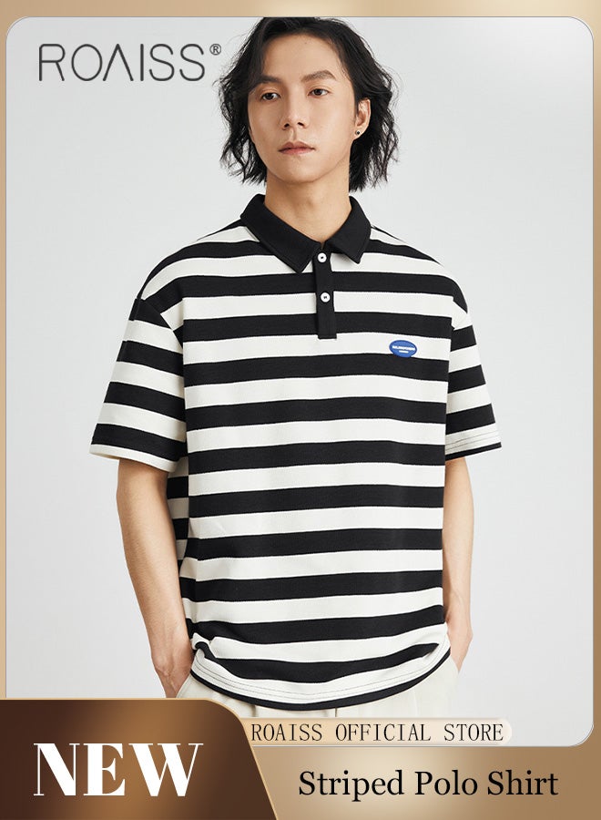 Unisex Striped Short Sleeve Polo Shirt Simple Loose Comfortable Skin-Friendly Lapel T-Shirt Mens Casual Fashion Light Cool Summer Half Sleeves with Breathable Fabric