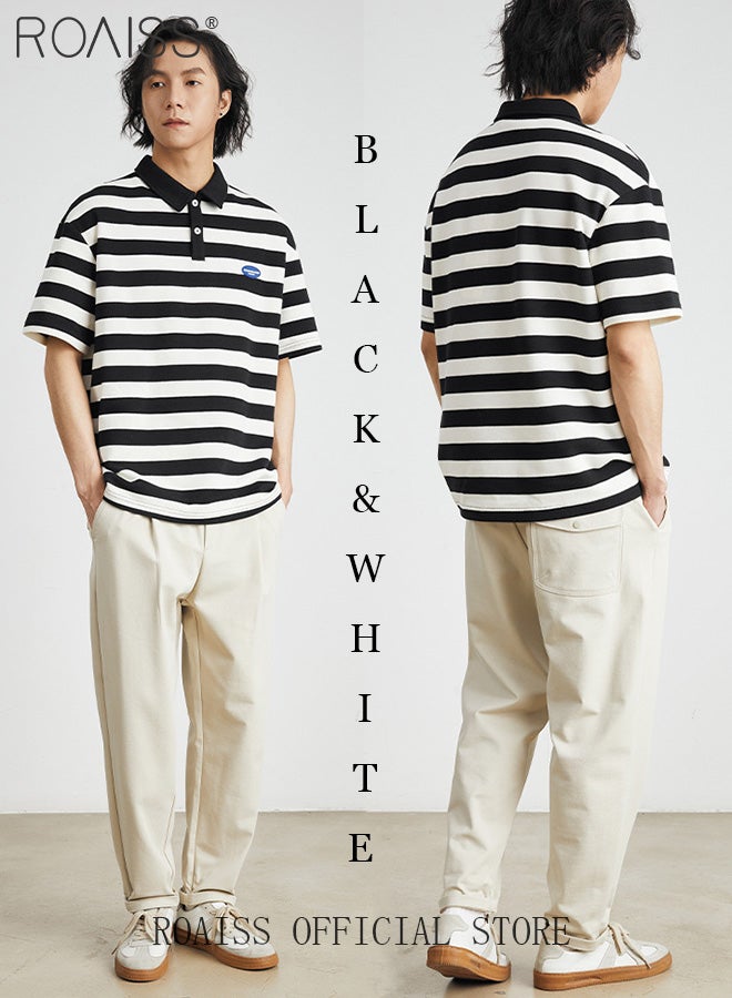 Unisex Striped Short Sleeve Polo Shirt Simple Loose Comfortable Skin-Friendly Lapel T-Shirt Mens Casual Fashion Light Cool Summer Half Sleeves with Breathable Fabric