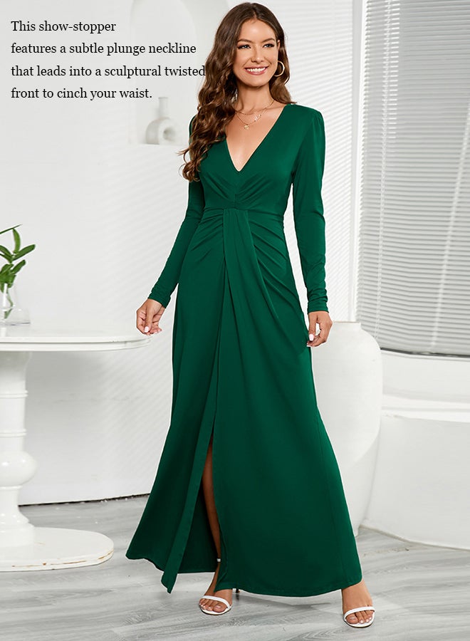 V Neck Long Sleeve Slit Dress for Women Advanced Solid Color Polyester Pleated Waist Slim Floor-Length Skirt Ladies Elegant Temperament Comfortable Skin-Friendly Breathable Banquet Dress