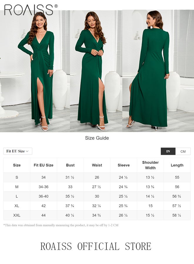 V Neck Long Sleeve Slit Dress for Women Advanced Solid Color Polyester Pleated Waist Slim Floor-Length Skirt Ladies Elegant Temperament Comfortable Skin-Friendly Breathable Banquet Dress