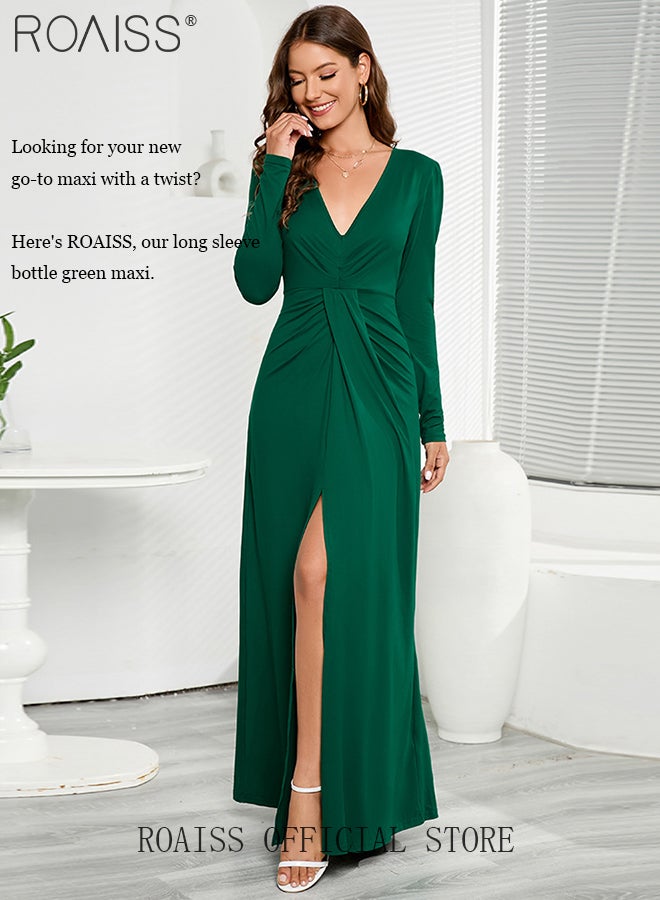 V Neck Long Sleeve Slit Dress for Women Advanced Solid Color Polyester Pleated Waist Slim Floor-Length Skirt Ladies Elegant Temperament Comfortable Skin-Friendly Breathable Banquet Dress
