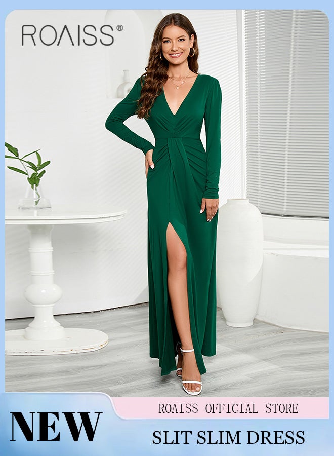 V Neck Long Sleeve Slit Dress for Women Advanced Solid Color Polyester Pleated Waist Slim Floor-Length Skirt Ladies Elegant Temperament Comfortable Skin-Friendly Breathable Banquet Dress