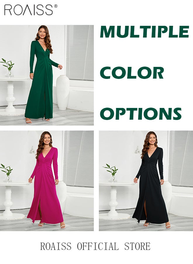 V Neck Long Sleeve Slit Dress for Women Advanced Solid Color Polyester Pleated Waist Slim Floor-Length Skirt Ladies Elegant Temperament Comfortable Skin-Friendly Breathable Banquet Dress