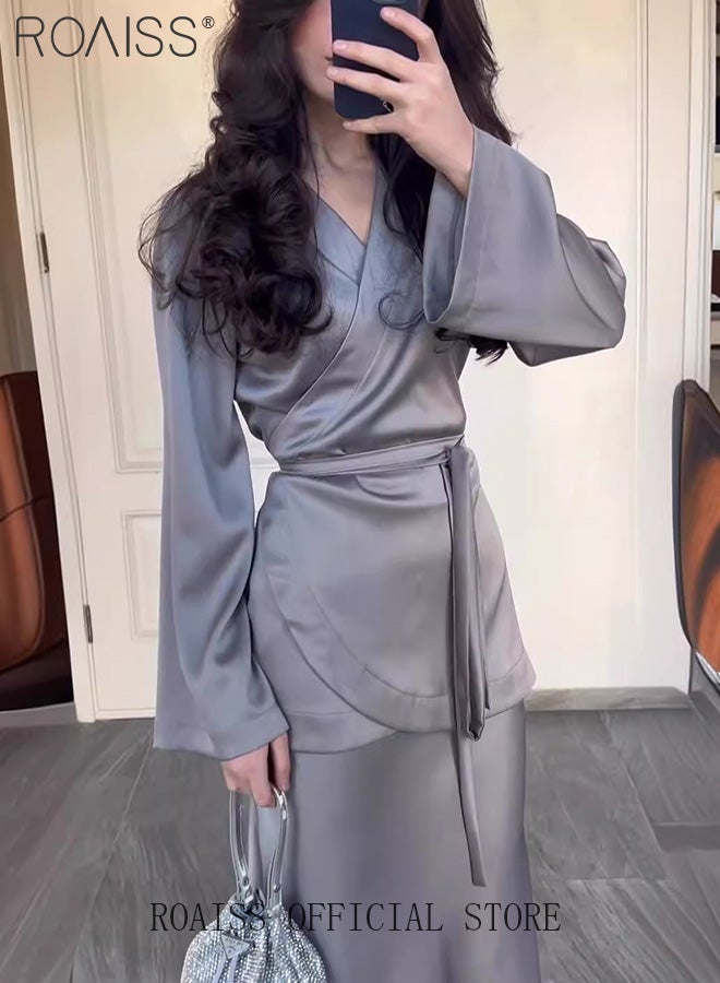 2Pcs Temperament Satin Long Skirt Suit for Women V Neck Waisted Trumpet Sleeve Top and Hip Wrap Long Skirt Ladies Advanced Solid Color Elegant Comfortable Skin-Friendly Slim Set