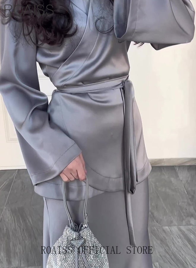 2Pcs Temperament Satin Long Skirt Suit for Women V Neck Waisted Trumpet Sleeve Top and Hip Wrap Long Skirt Ladies Advanced Solid Color Elegant Comfortable Skin-Friendly Slim Set