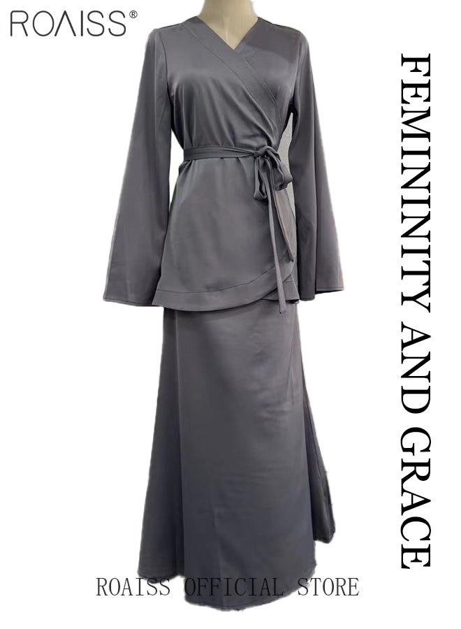 2Pcs Temperament Satin Long Skirt Suit for Women V Neck Waisted Trumpet Sleeve Top and Hip Wrap Long Skirt Ladies Advanced Solid Color Elegant Comfortable Skin-Friendly Slim Set