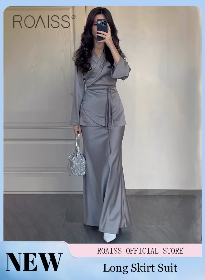 2Pcs Temperament Satin Long Skirt Suit for Women V Neck Waisted Trumpet Sleeve Top and Hip Wrap Long Skirt Ladies Advanced Solid Color Elegant Comfortable Skin-Friendly Slim Set