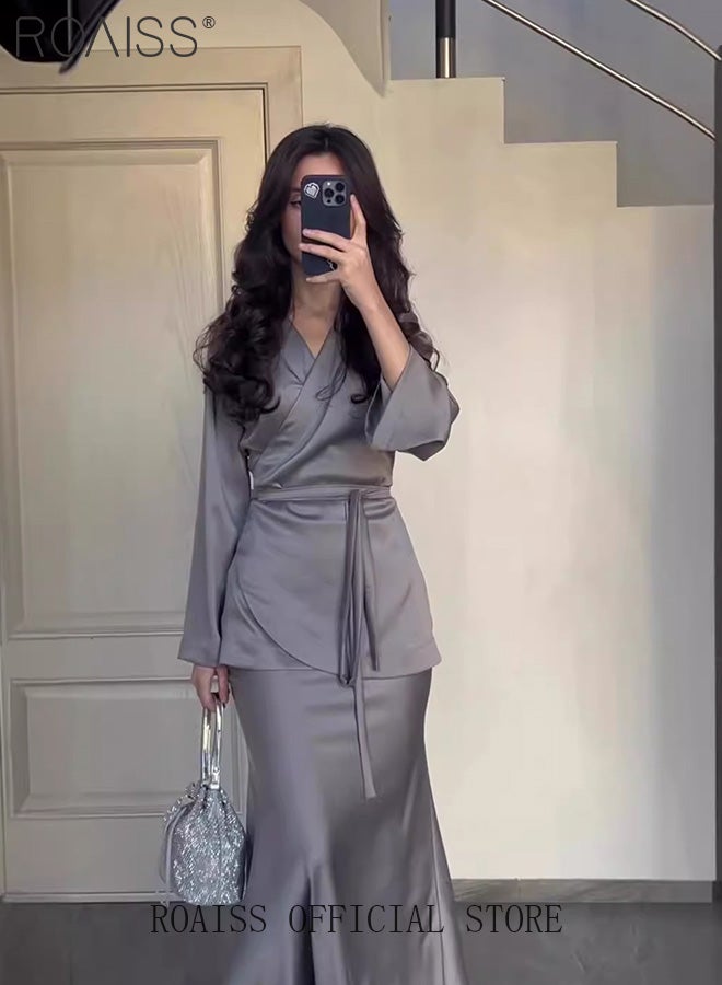 2Pcs Temperament Satin Long Skirt Suit for Women V Neck Waisted Trumpet Sleeve Top and Hip Wrap Long Skirt Ladies Advanced Solid Color Elegant Comfortable Skin-Friendly Slim Set
