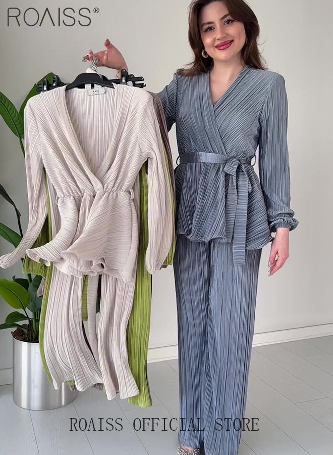 2Pcs Advanced Solid Color Pleated Suit for Women Ruffled Hem Tie-Waisted Long Sleeve and Drape Fabric Straight Trousers Ladies Elegant Temperament Comfort Skin-Friendly Set Look Slim