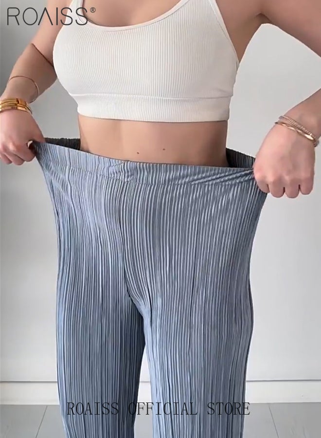 2Pcs Advanced Solid Color Pleated Suit for Women Ruffled Hem Tie-Waisted Long Sleeve and Drape Fabric Straight Trousers Ladies Elegant Temperament Comfort Skin-Friendly Set Look Slim