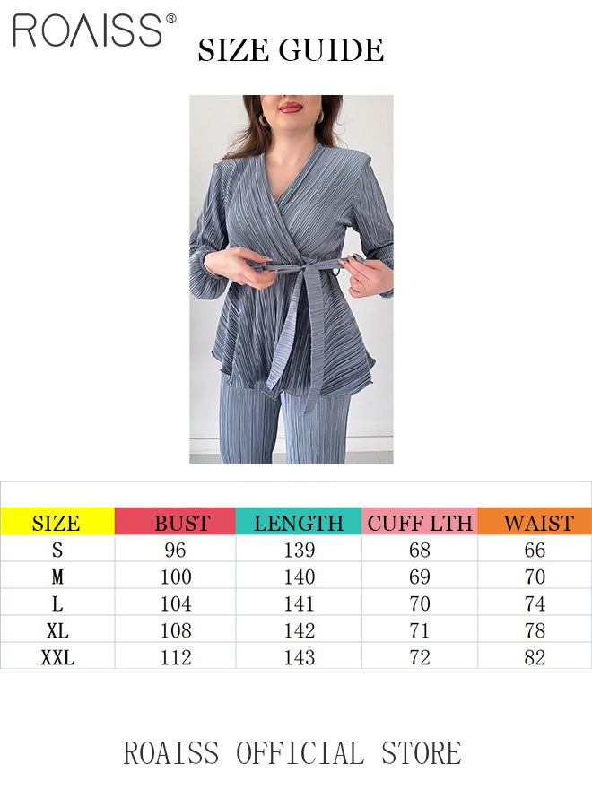 2Pcs Advanced Solid Color Pleated Suit for Women Ruffled Hem Tie-Waisted Long Sleeve and Drape Fabric Straight Trousers Ladies Elegant Temperament Comfort Skin-Friendly Set Look Slim
