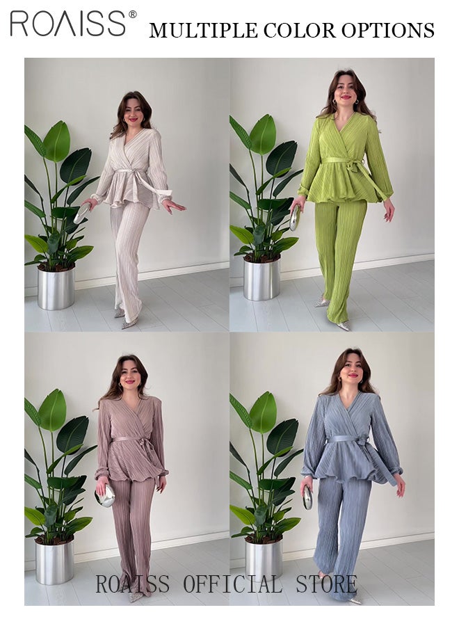 2Pcs Advanced Solid Color Pleated Suit for Women Ruffled Hem Tie-Waisted Long Sleeve and Drape Fabric Straight Trousers Ladies Elegant Temperament Comfort Skin-Friendly Set Look Slim