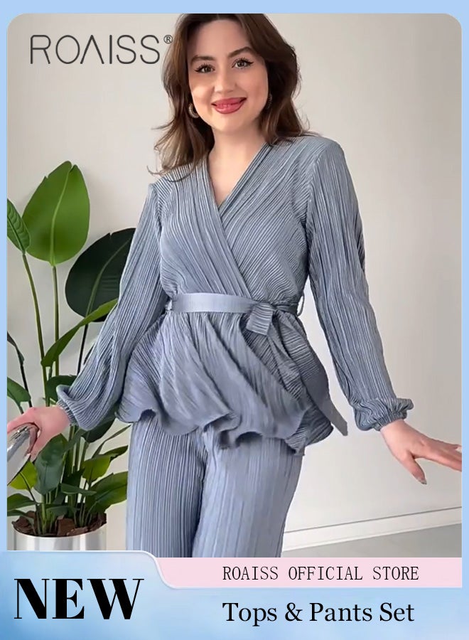 2Pcs Advanced Solid Color Pleated Suit for Women Ruffled Hem Tie-Waisted Long Sleeve and Drape Fabric Straight Trousers Ladies Elegant Temperament Comfort Skin-Friendly Set Look Slim