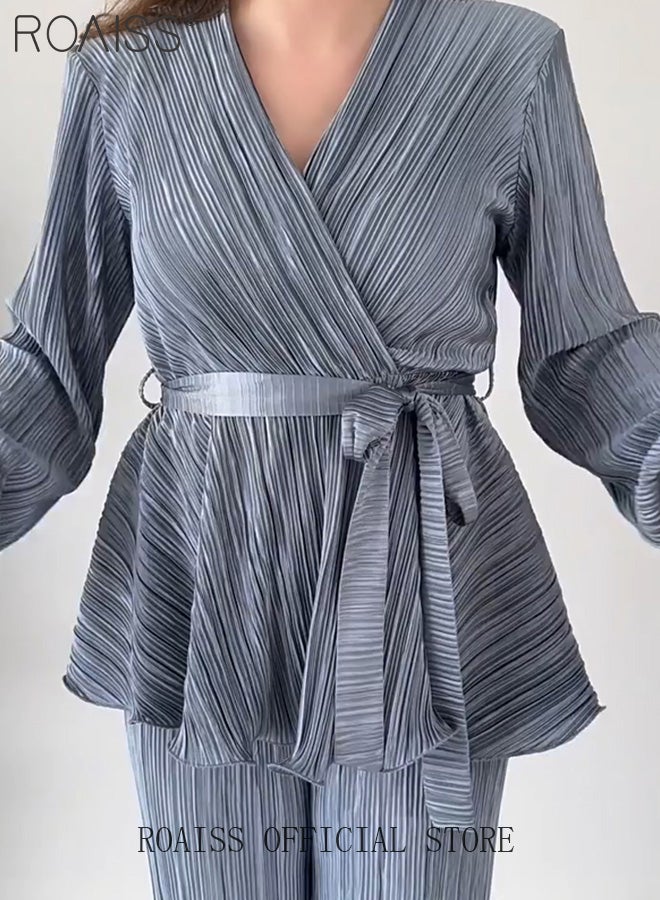 2Pcs Advanced Solid Color Pleated Suit for Women Ruffled Hem Tie-Waisted Long Sleeve and Drape Fabric Straight Trousers Ladies Elegant Temperament Comfort Skin-Friendly Set Look Slim