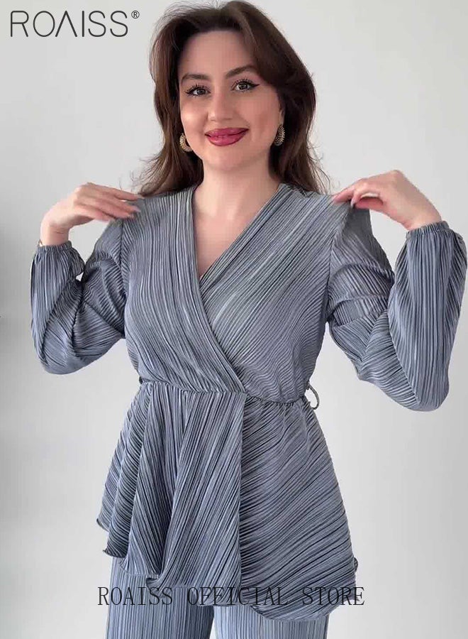 2Pcs Advanced Solid Color Pleated Suit for Women Ruffled Hem Tie-Waisted Long Sleeve and Drape Fabric Straight Trousers Ladies Elegant Temperament Comfort Skin-Friendly Set Look Slim
