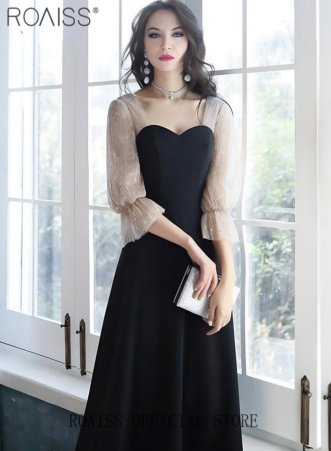 Trumpet Sleeve Banquet Long Dress for Women Advanced Waist Slim Long Sleeves Floor-Length Skirt Ladies Elegant Temperament Comfortable Skin-Friendly Breathable Evening Gown Dress