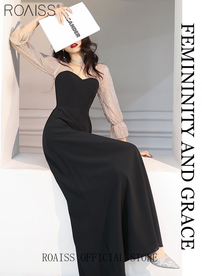 Trumpet Sleeve Banquet Long Dress for Women Advanced Waist Slim Long Sleeves Floor-Length Skirt Ladies Elegant Temperament Comfortable Skin-Friendly Breathable Evening Gown Dress