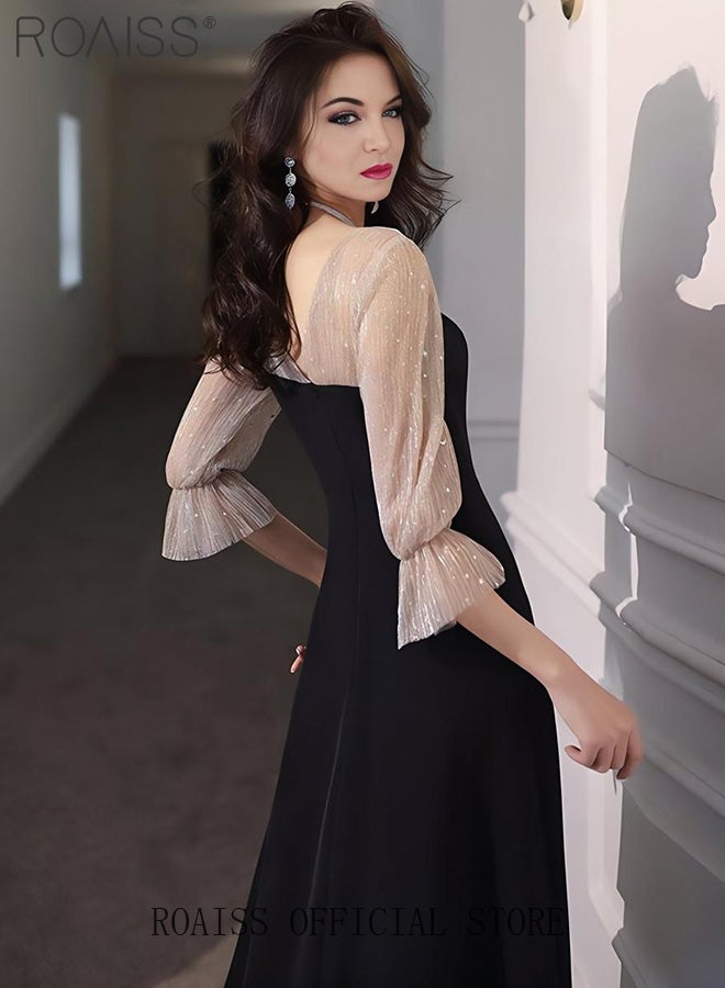 Trumpet Sleeve Banquet Long Dress for Women Advanced Waist Slim Long Sleeves Floor-Length Skirt Ladies Elegant Temperament Comfortable Skin-Friendly Breathable Evening Gown Dress