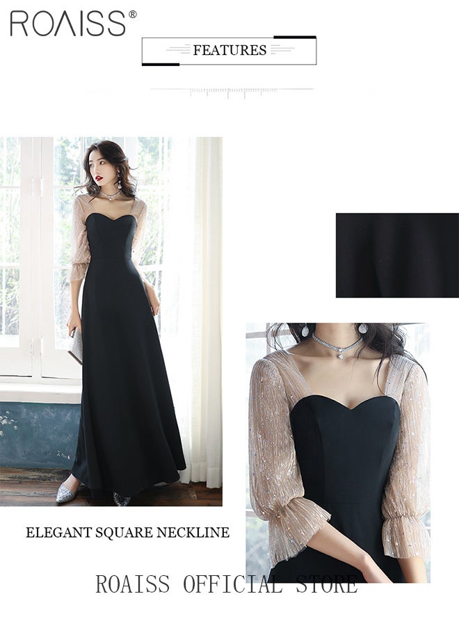Trumpet Sleeve Banquet Long Dress for Women Advanced Waist Slim Long Sleeves Floor-Length Skirt Ladies Elegant Temperament Comfortable Skin-Friendly Breathable Evening Gown Dress