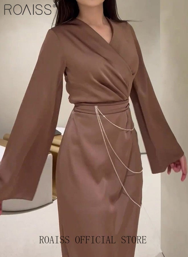 Elegant Long Sleeve Satin Dress for Women Advanced Solid Color Waisted Slim Chain Design Ankle-Length Skirt Ladies Temperament Comfortable Skin-Friendly Trumpet Sleeves Banquet Dress