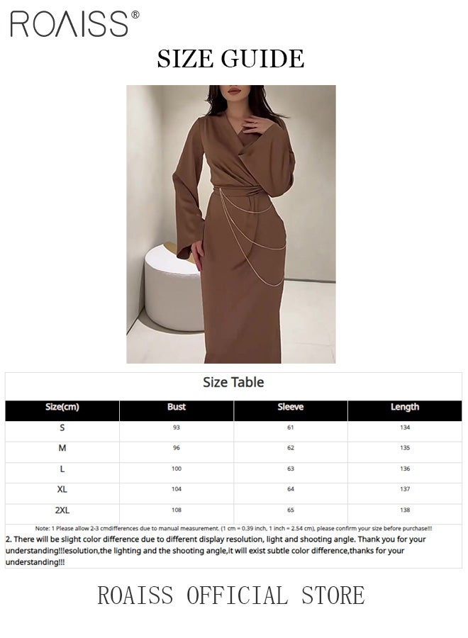 Elegant Long Sleeve Satin Dress for Women Advanced Solid Color Waisted Slim Chain Design Ankle-Length Skirt Ladies Temperament Comfortable Skin-Friendly Trumpet Sleeves Banquet Dress