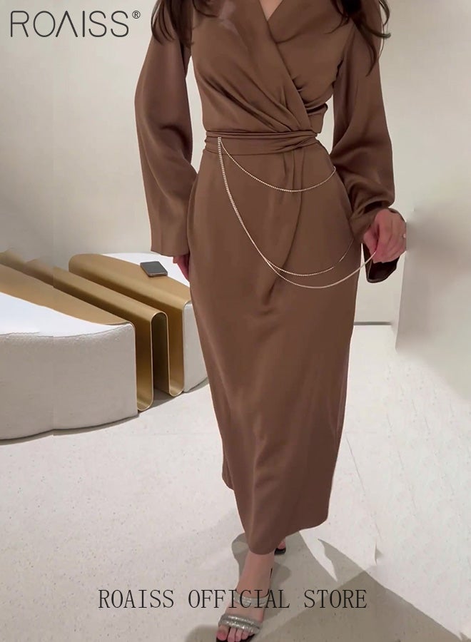 Elegant Long Sleeve Satin Dress for Women Advanced Solid Color Waisted Slim Chain Design Ankle-Length Skirt Ladies Temperament Comfortable Skin-Friendly Trumpet Sleeves Banquet Dress