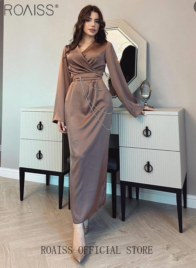 Elegant Long Sleeve Satin Dress for Women Advanced Solid Color Waisted Slim Chain Design Ankle-Length Skirt Ladies Temperament Comfortable Skin-Friendly Trumpet Sleeves Banquet Dress