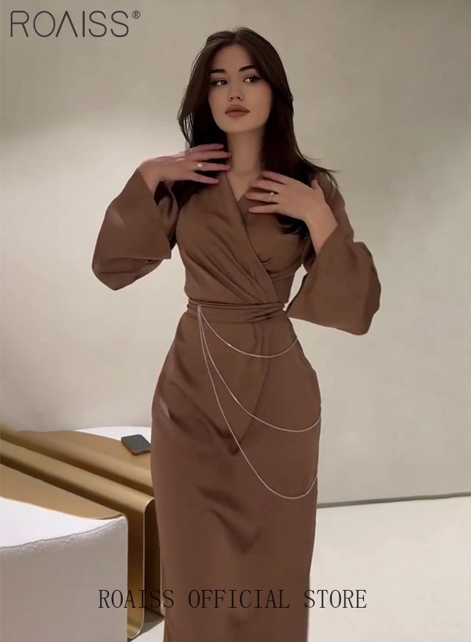 Elegant Long Sleeve Satin Dress for Women Advanced Solid Color Waisted Slim Chain Design Ankle-Length Skirt Ladies Temperament Comfortable Skin-Friendly Trumpet Sleeves Banquet Dress