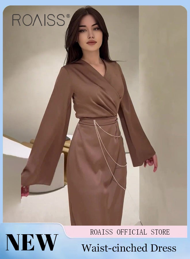 Elegant Long Sleeve Satin Dress for Women Advanced Solid Color Waisted Slim Chain Design Ankle-Length Skirt Ladies Temperament Comfortable Skin-Friendly Trumpet Sleeves Banquet Dress