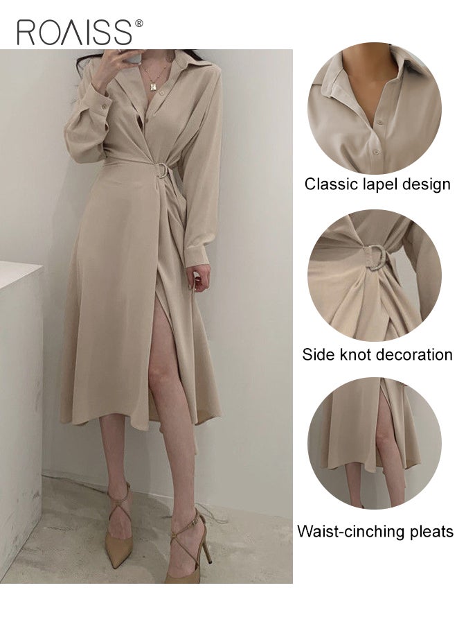 Wrap Tunic Shirt Dress for Women with Side Knot Ladies Elegant and Sophisticated Lapel Single-Breasted Shirt Dress Women's Lace-Up Long-Sleeve Waist Slimming  A-Line Dress