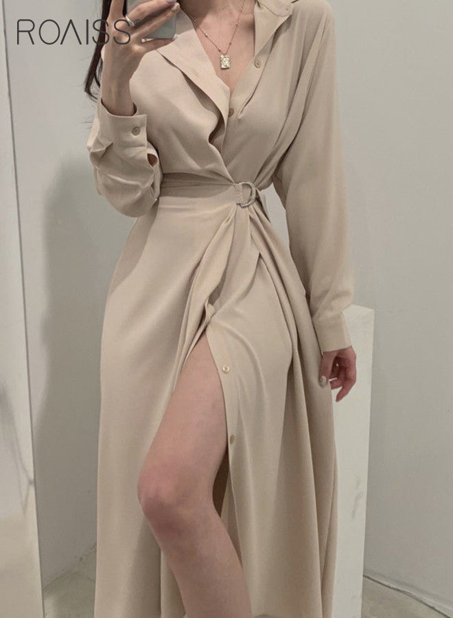 Wrap Tunic Shirt Dress for Women with Side Knot Ladies Elegant and Sophisticated Lapel Single-Breasted Shirt Dress Women's Lace-Up Long-Sleeve Waist Slimming  A-Line Dress