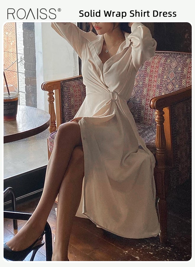 Wrap Tunic Shirt Dress for Women with Side Knot Ladies Elegant and Sophisticated Lapel Single-Breasted Shirt Dress Women's Lace-Up Long-Sleeve Waist Slimming  A-Line Dress