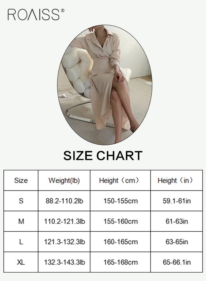 Wrap Tunic Shirt Dress for Women with Side Knot Ladies Elegant and Sophisticated Lapel Single-Breasted Shirt Dress Women's Lace-Up Long-Sleeve Waist Slimming  A-Line Dress